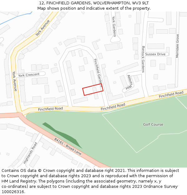 12, FINCHFIELD GARDENS, WOLVERHAMPTON, WV3 9LT: Location map and indicative extent of plot