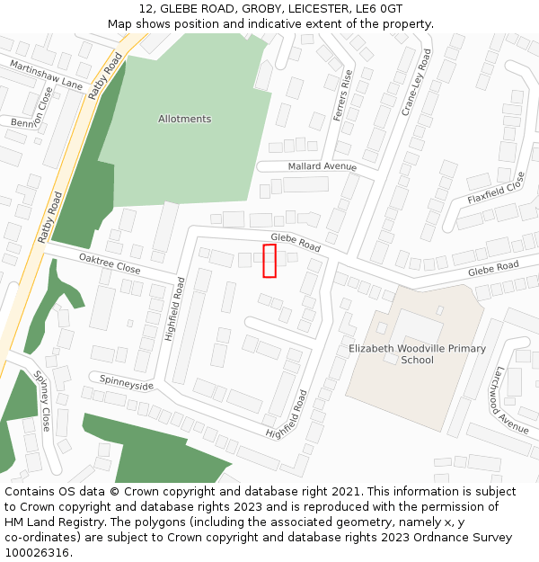 12, GLEBE ROAD, GROBY, LEICESTER, LE6 0GT: Location map and indicative extent of plot