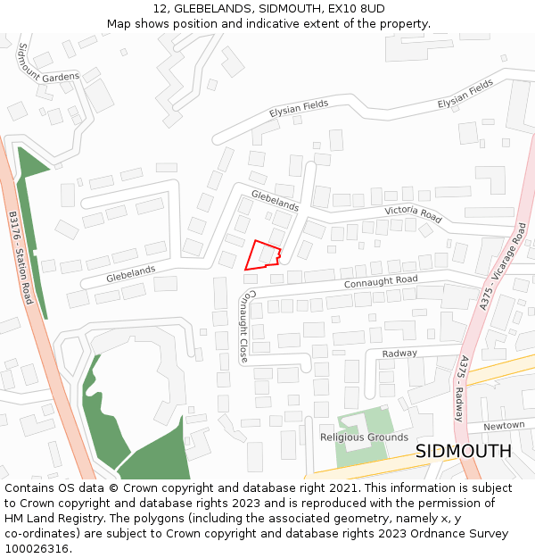 12, GLEBELANDS, SIDMOUTH, EX10 8UD: Location map and indicative extent of plot