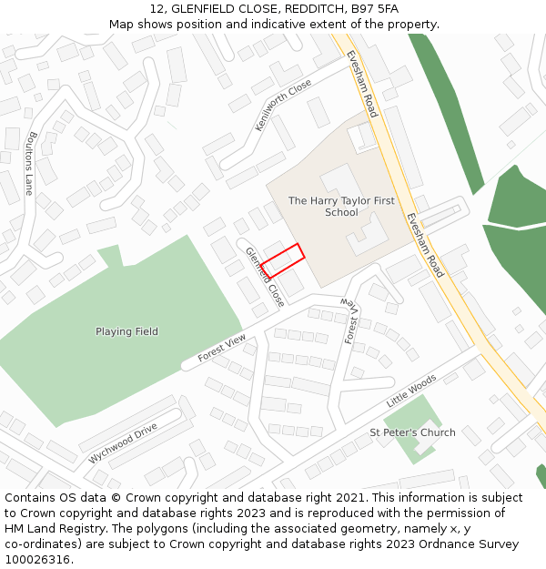 12, GLENFIELD CLOSE, REDDITCH, B97 5FA: Location map and indicative extent of plot