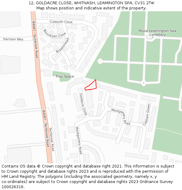 12, GOLDACRE CLOSE, WHITNASH, LEAMINGTON SPA, CV31 2TW: Location map and indicative extent of plot