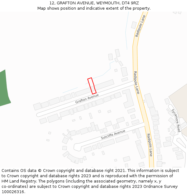 12, GRAFTON AVENUE, WEYMOUTH, DT4 9RZ: Location map and indicative extent of plot