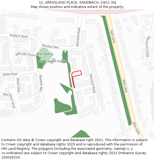 12, GRASSLAND PLACE, SANDBACH, CW11 3SJ: Location map and indicative extent of plot