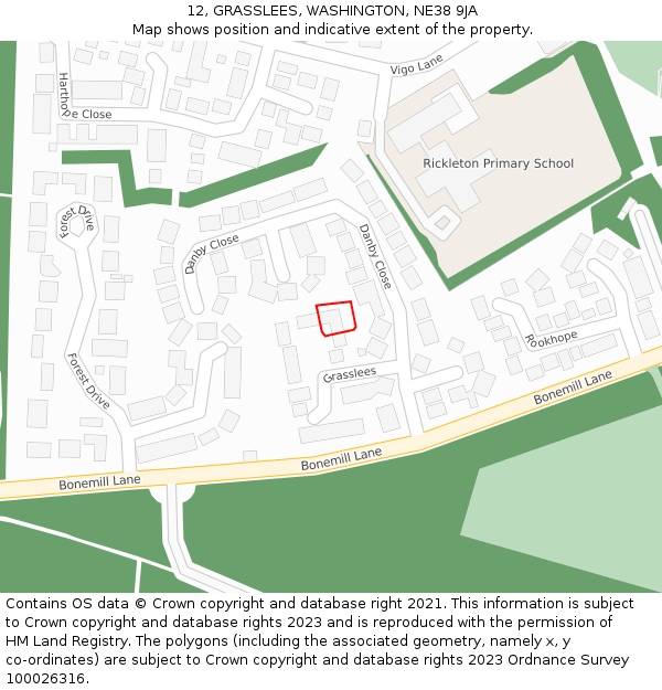 12, GRASSLEES, WASHINGTON, NE38 9JA: Location map and indicative extent of plot