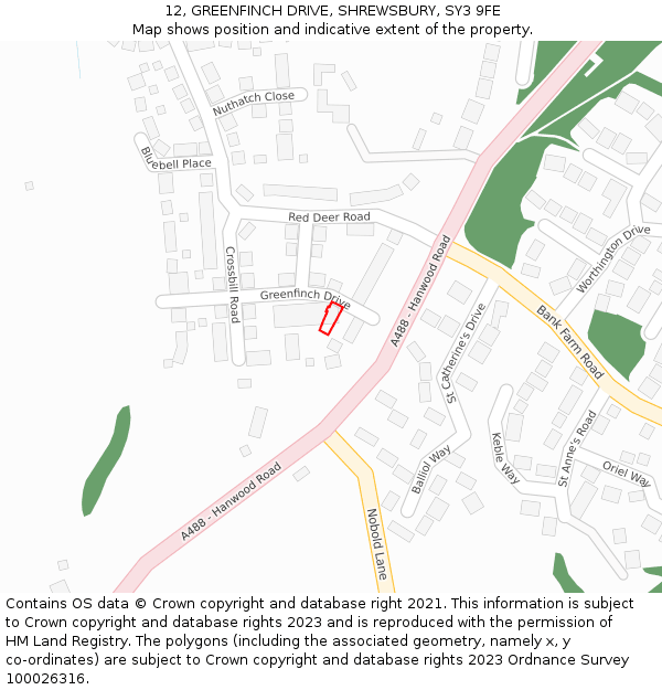 12, GREENFINCH DRIVE, SHREWSBURY, SY3 9FE: Location map and indicative extent of plot