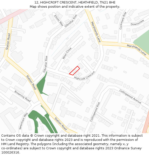 12, HIGHCROFT CRESCENT, HEATHFIELD, TN21 8HE: Location map and indicative extent of plot