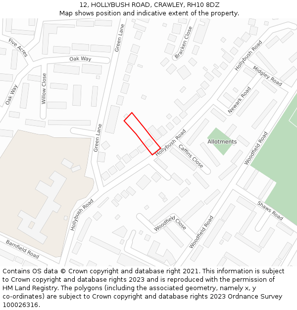 12, HOLLYBUSH ROAD, CRAWLEY, RH10 8DZ: Location map and indicative extent of plot