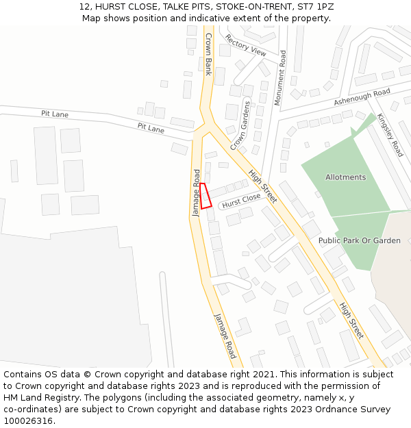 12, HURST CLOSE, TALKE PITS, STOKE-ON-TRENT, ST7 1PZ: Location map and indicative extent of plot