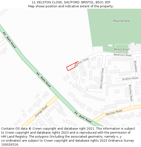 12, KELSTON CLOSE, SALTFORD, BRISTOL, BS31 3DF: Location map and indicative extent of plot