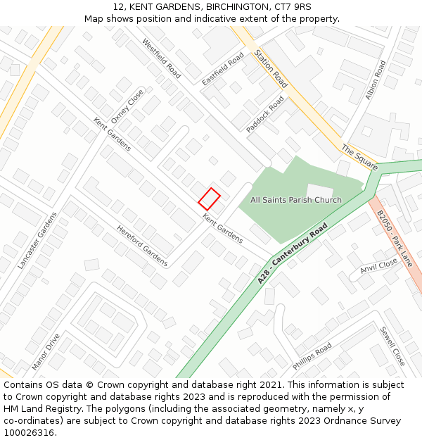 12, KENT GARDENS, BIRCHINGTON, CT7 9RS: Location map and indicative extent of plot