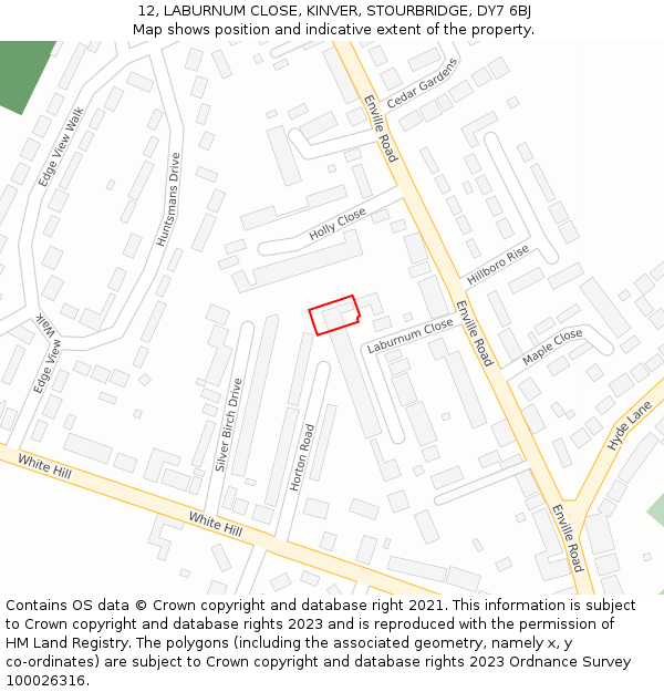 12, LABURNUM CLOSE, KINVER, STOURBRIDGE, DY7 6BJ: Location map and indicative extent of plot
