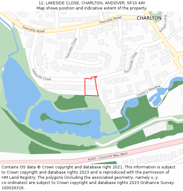 12, LAKESIDE CLOSE, CHARLTON, ANDOVER, SP10 4AY: Location map and indicative extent of plot