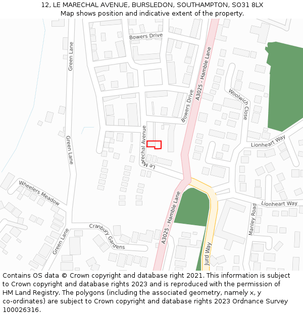 12, LE MARECHAL AVENUE, BURSLEDON, SOUTHAMPTON, SO31 8LX: Location map and indicative extent of plot