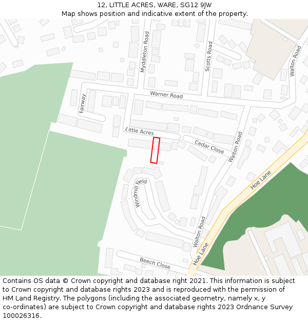 12, LITTLE ACRES, WARE, SG12 9JW: Location map and indicative extent of plot