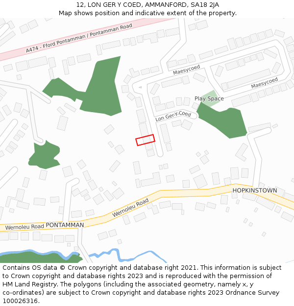 12, LON GER Y COED, AMMANFORD, SA18 2JA: Location map and indicative extent of plot