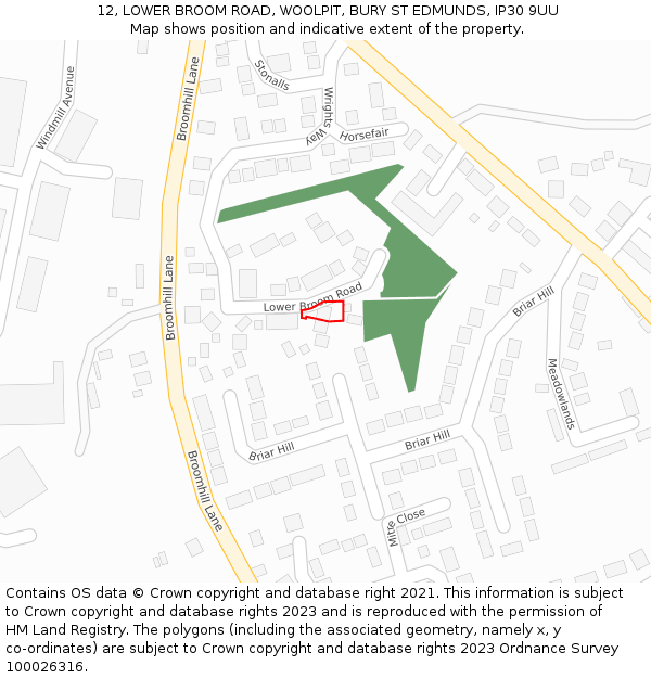 12, LOWER BROOM ROAD, WOOLPIT, BURY ST EDMUNDS, IP30 9UU: Location map and indicative extent of plot