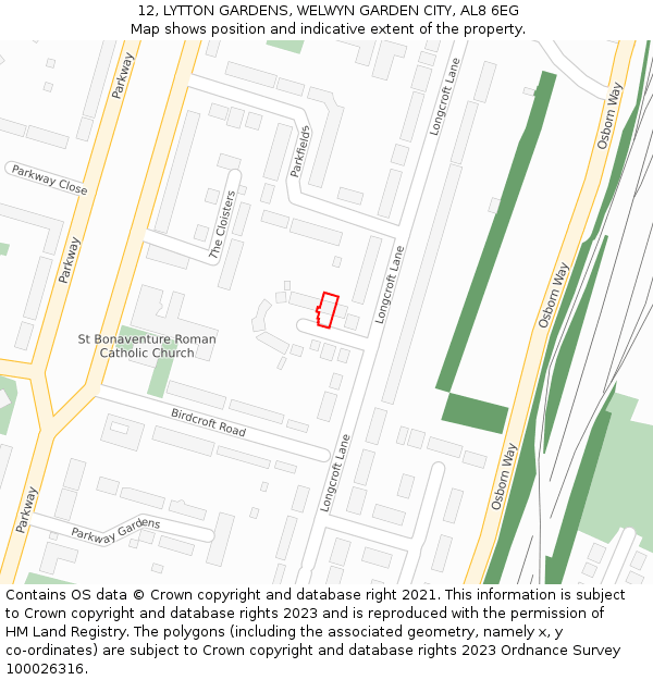 12, LYTTON GARDENS, WELWYN GARDEN CITY, AL8 6EG: Location map and indicative extent of plot