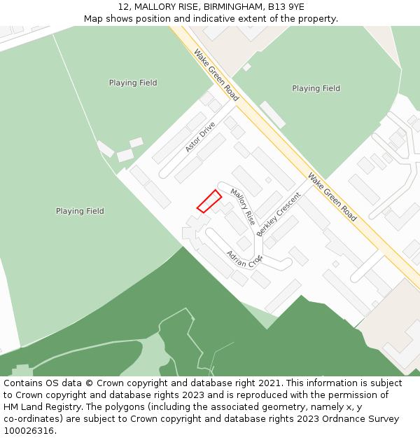 12, MALLORY RISE, BIRMINGHAM, B13 9YE: Location map and indicative extent of plot