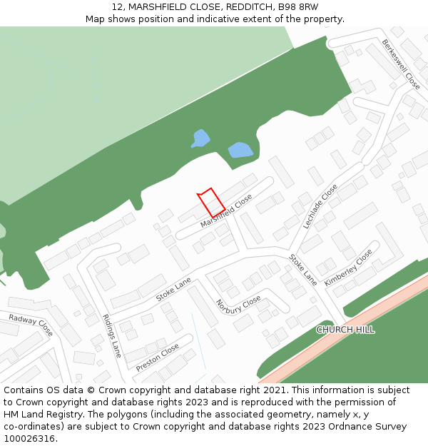 12, MARSHFIELD CLOSE, REDDITCH, B98 8RW: Location map and indicative extent of plot