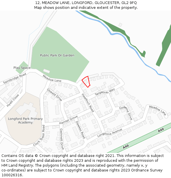 12, MEADOW LANE, LONGFORD, GLOUCESTER, GL2 9FQ: Location map and indicative extent of plot