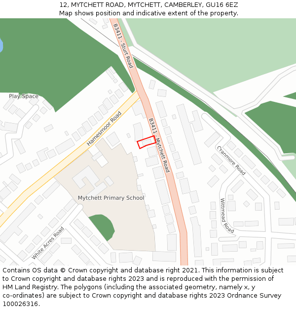 12, MYTCHETT ROAD, MYTCHETT, CAMBERLEY, GU16 6EZ: Location map and indicative extent of plot