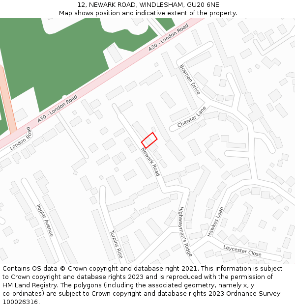 12, NEWARK ROAD, WINDLESHAM, GU20 6NE: Location map and indicative extent of plot