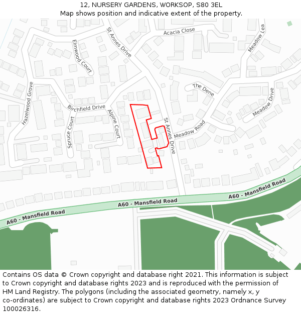 12, NURSERY GARDENS, WORKSOP, S80 3EL: Location map and indicative extent of plot