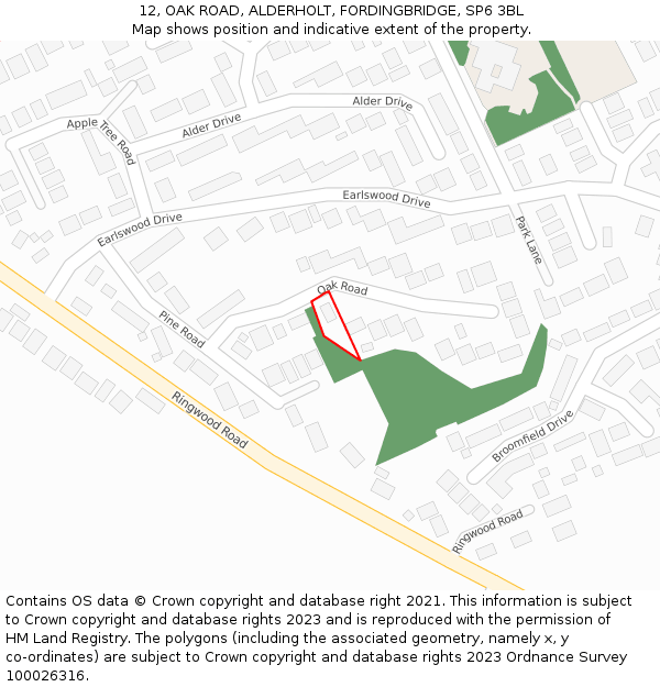 12, OAK ROAD, ALDERHOLT, FORDINGBRIDGE, SP6 3BL: Location map and indicative extent of plot