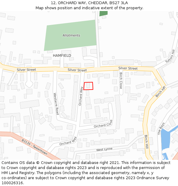 12, ORCHARD WAY, CHEDDAR, BS27 3LA: Location map and indicative extent of plot