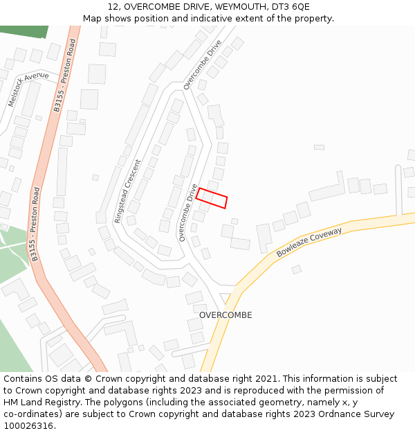 12, OVERCOMBE DRIVE, WEYMOUTH, DT3 6QE: Location map and indicative extent of plot
