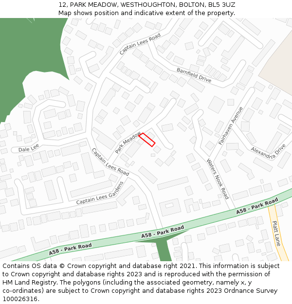 12, PARK MEADOW, WESTHOUGHTON, BOLTON, BL5 3UZ: Location map and indicative extent of plot
