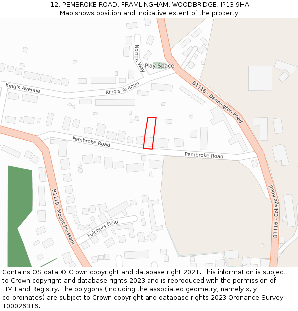 12, PEMBROKE ROAD, FRAMLINGHAM, WOODBRIDGE, IP13 9HA: Location map and indicative extent of plot
