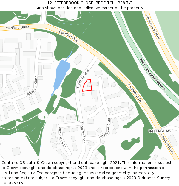 12, PETERBROOK CLOSE, REDDITCH, B98 7YF: Location map and indicative extent of plot
