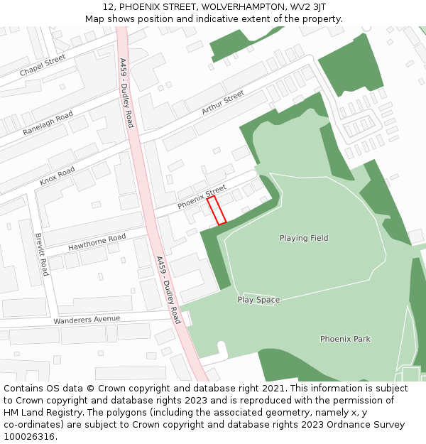12, PHOENIX STREET, WOLVERHAMPTON, WV2 3JT: Location map and indicative extent of plot