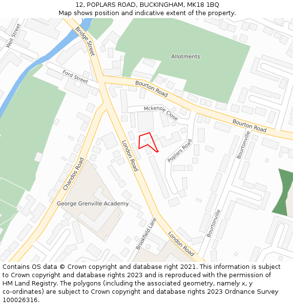 12, POPLARS ROAD, BUCKINGHAM, MK18 1BQ: Location map and indicative extent of plot