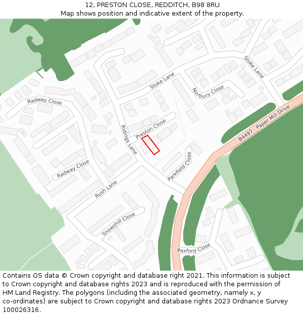 12, PRESTON CLOSE, REDDITCH, B98 8RU: Location map and indicative extent of plot