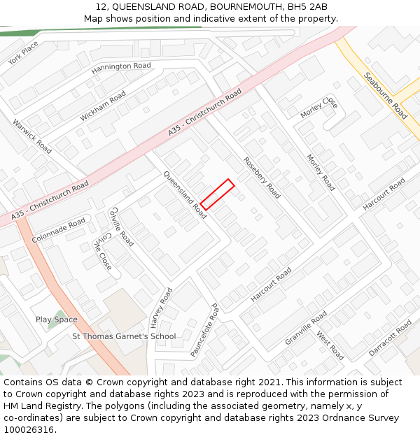 12, QUEENSLAND ROAD, BOURNEMOUTH, BH5 2AB: Location map and indicative extent of plot