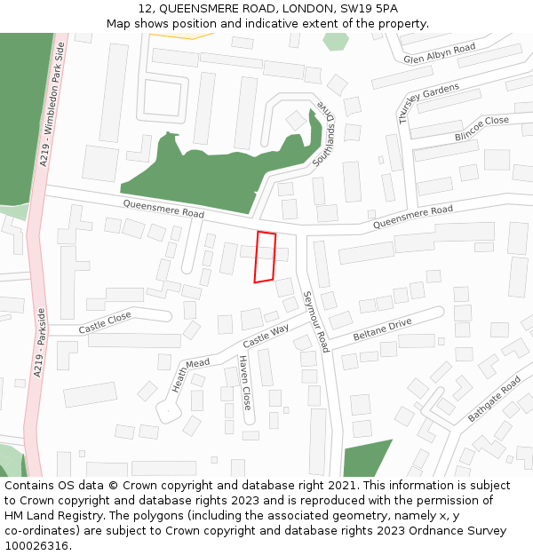 12, QUEENSMERE ROAD, LONDON, SW19 5PA: Location map and indicative extent of plot