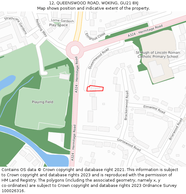 12, QUEENSWOOD ROAD, WOKING, GU21 8XJ: Location map and indicative extent of plot