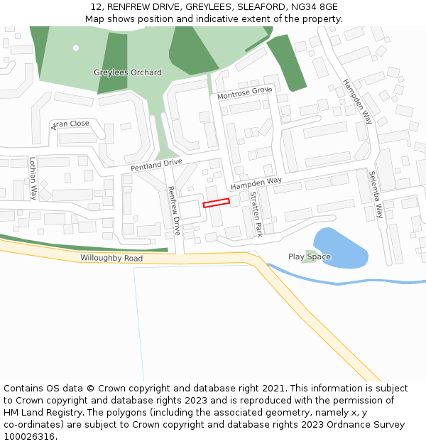 12, RENFREW DRIVE, GREYLEES, SLEAFORD, NG34 8GE: Location map and indicative extent of plot