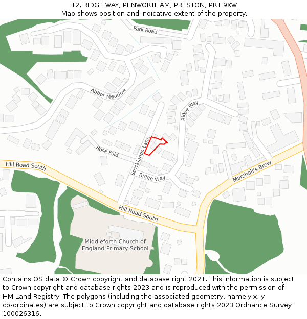 12, RIDGE WAY, PENWORTHAM, PRESTON, PR1 9XW: Location map and indicative extent of plot