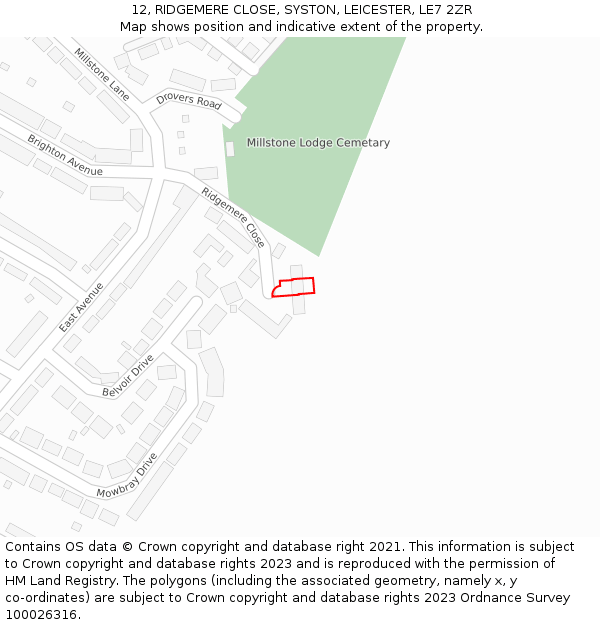 12, RIDGEMERE CLOSE, SYSTON, LEICESTER, LE7 2ZR: Location map and indicative extent of plot