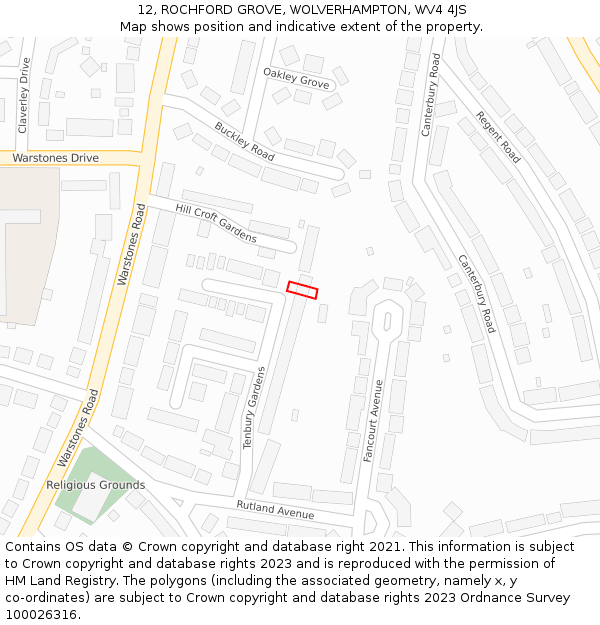 12, ROCHFORD GROVE, WOLVERHAMPTON, WV4 4JS: Location map and indicative extent of plot