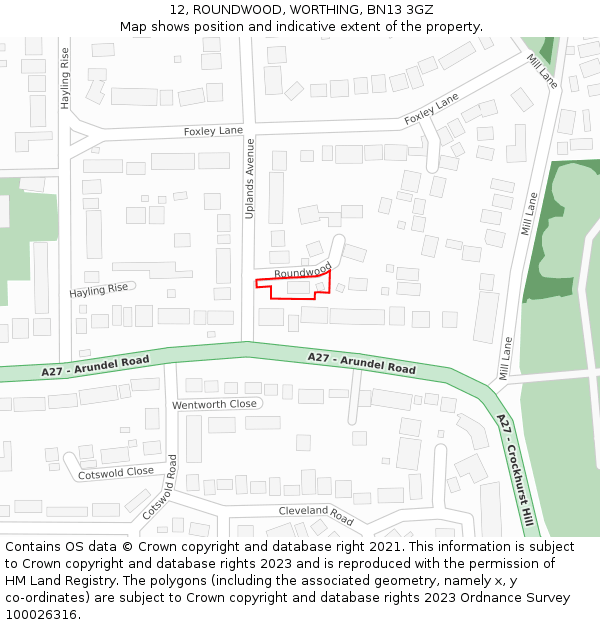 12, ROUNDWOOD, WORTHING, BN13 3GZ: Location map and indicative extent of plot