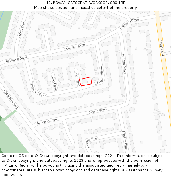 12, ROWAN CRESCENT, WORKSOP, S80 1BB: Location map and indicative extent of plot