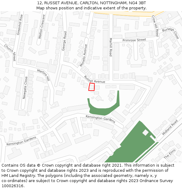 12, RUSSET AVENUE, CARLTON, NOTTINGHAM, NG4 3BT: Location map and indicative extent of plot