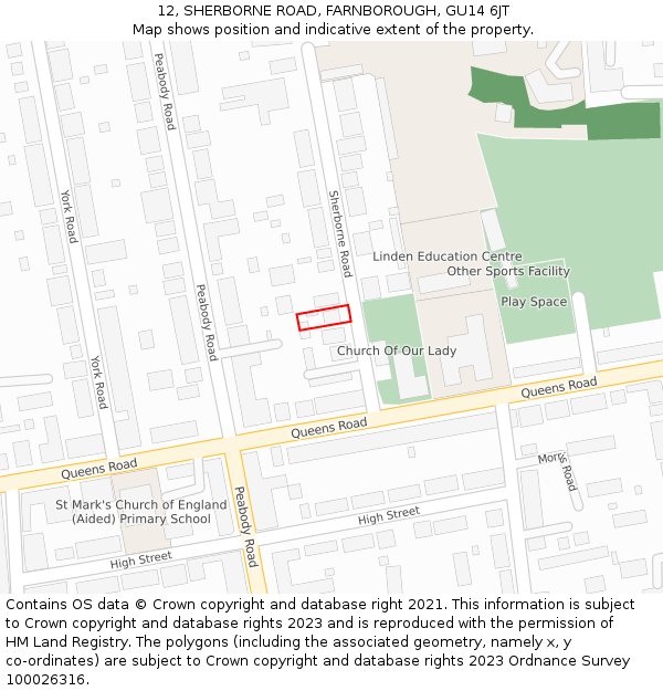 12, SHERBORNE ROAD, FARNBOROUGH, GU14 6JT: Location map and indicative extent of plot