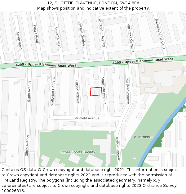 12, SHOTTFIELD AVENUE, LONDON, SW14 8EA: Location map and indicative extent of plot