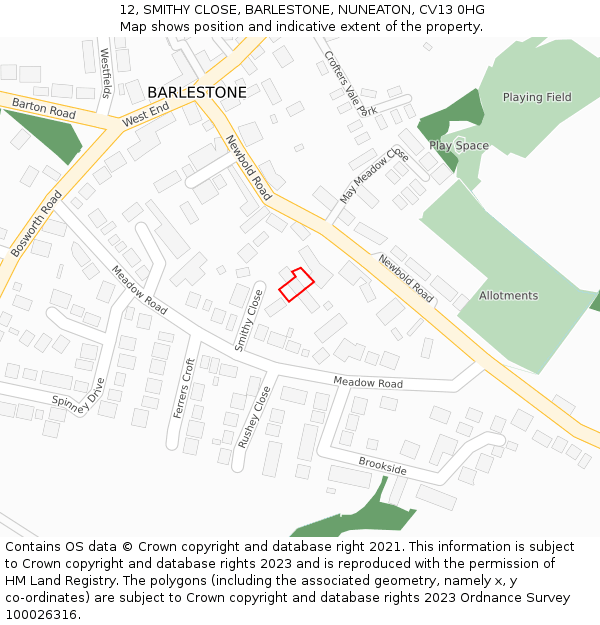 12, SMITHY CLOSE, BARLESTONE, NUNEATON, CV13 0HG: Location map and indicative extent of plot