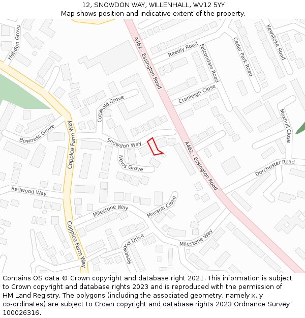 12, SNOWDON WAY, WILLENHALL, WV12 5YY: Location map and indicative extent of plot